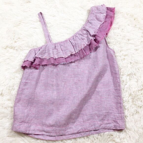 Anthro Holding Horses Linen One Shoulder Pink Gray Stripe Ruffle Tank Top XS - Picture 2 of 7